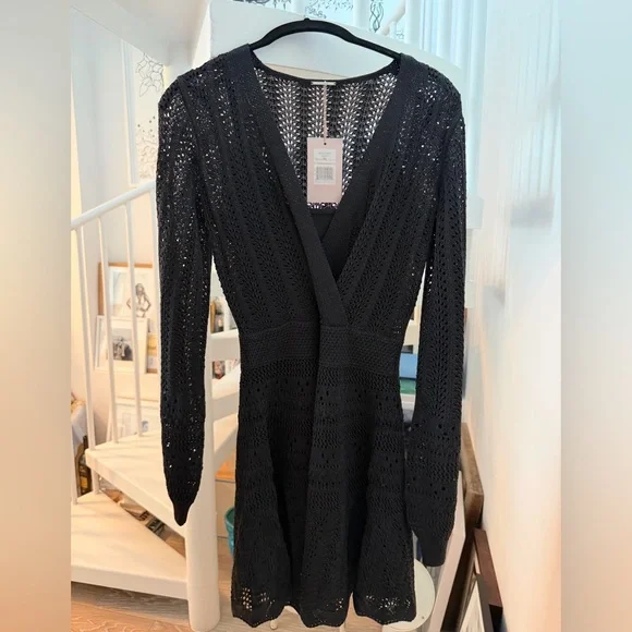 Alexis Black Long-Sleeve Crochet Wrap-Style Dress - Picture 1 of 4